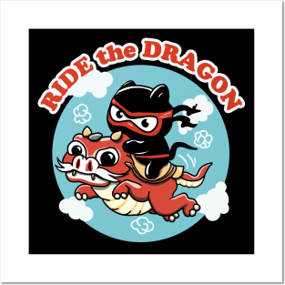 Ride The Dragon | Kawaii Ninja Cat Riding A Red Dragon Posters and Art